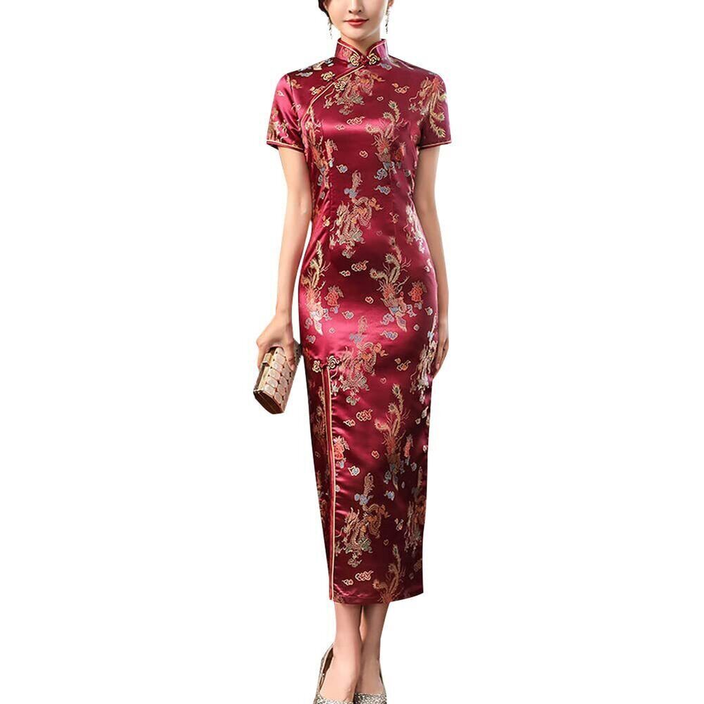 7349 Cheongsam Costume Side Slit Slim Fit Qipao Party Dragon Phoenix Print